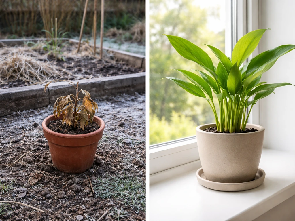 Split view of a frost-damaged outdoor garden bed and a cozy indoor pot setup for frost-tender galangal