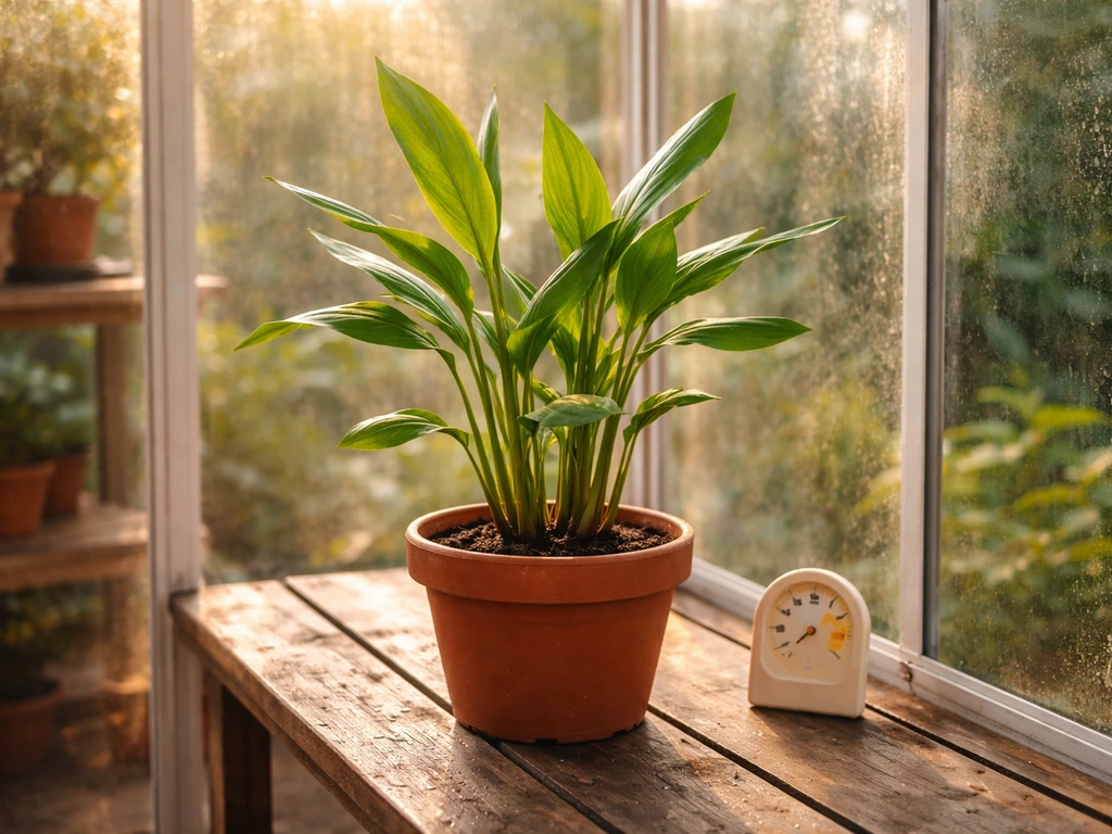 Potted galangal in a greenhouse conservatory with a small thermometer indicating warm temperatures.