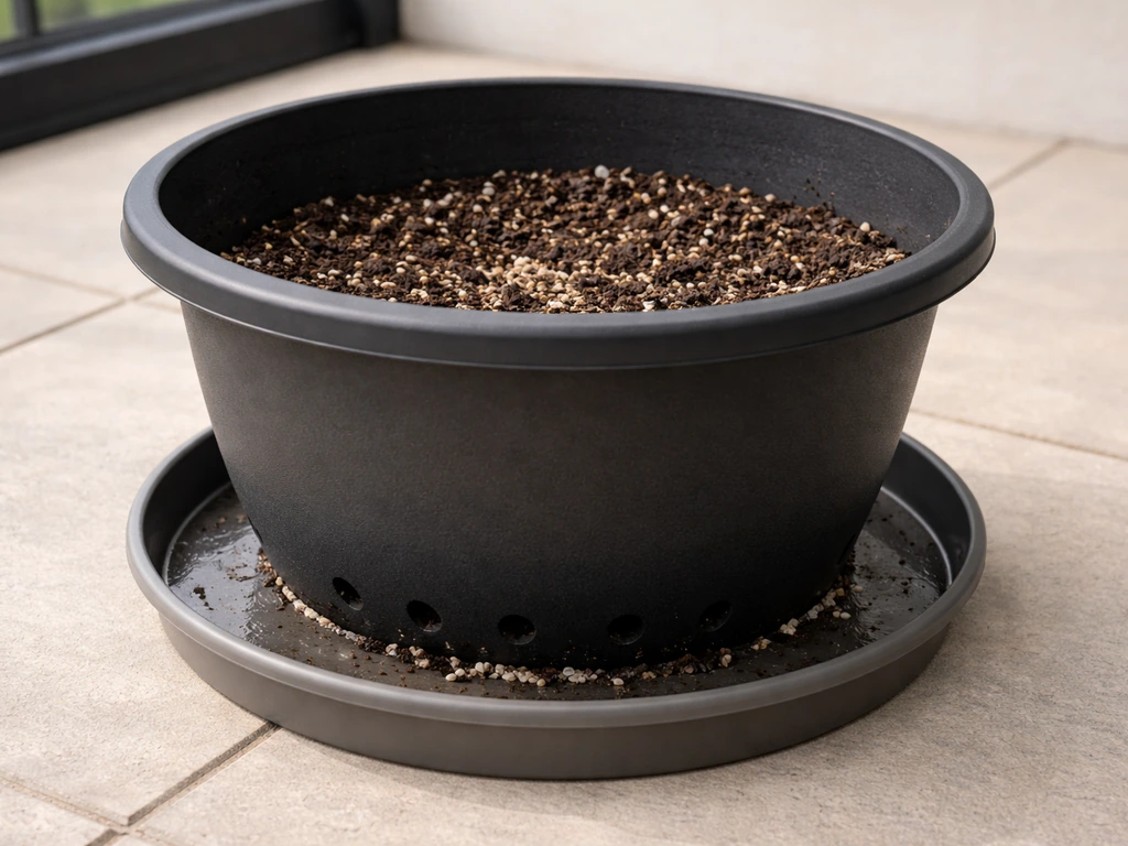 Large 40cm pot on a drainage tray with visible drainage holes and pebbles below.