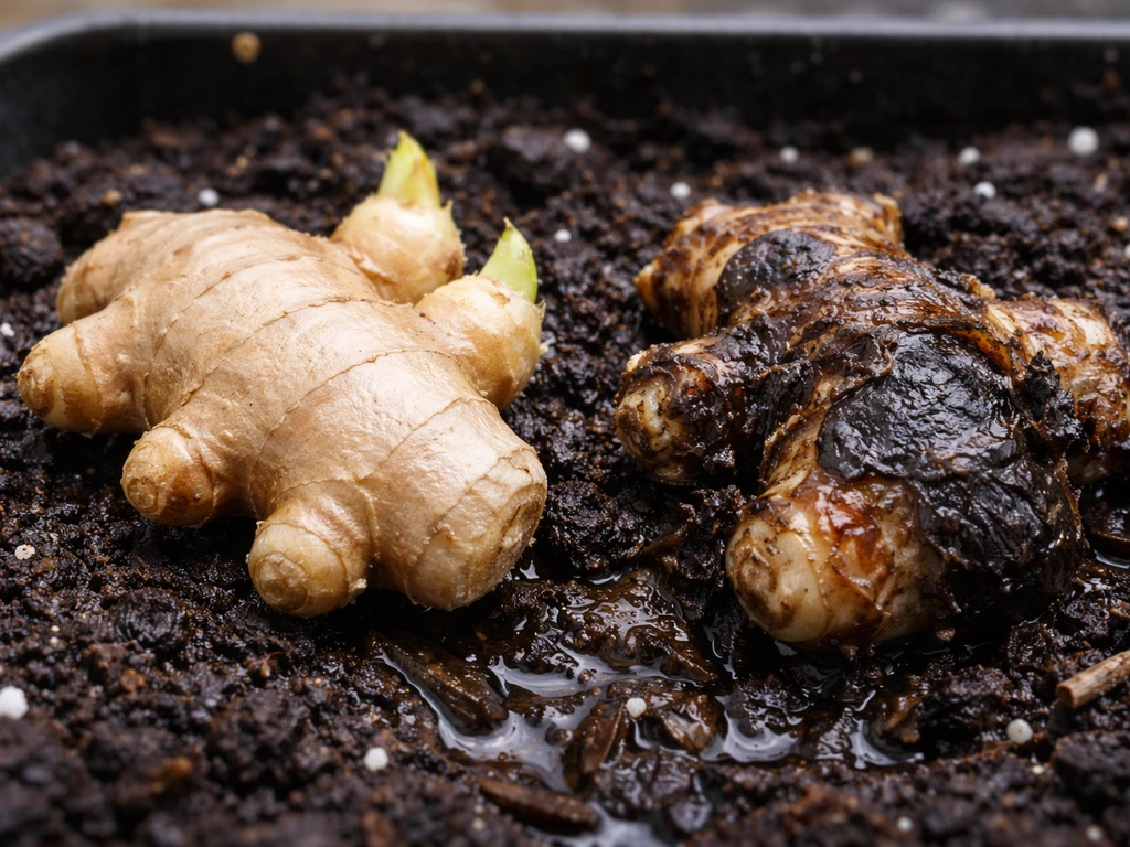 Close-up comparison of a healthy ginger rhizome and a rotting rhizome in cold, wet compost