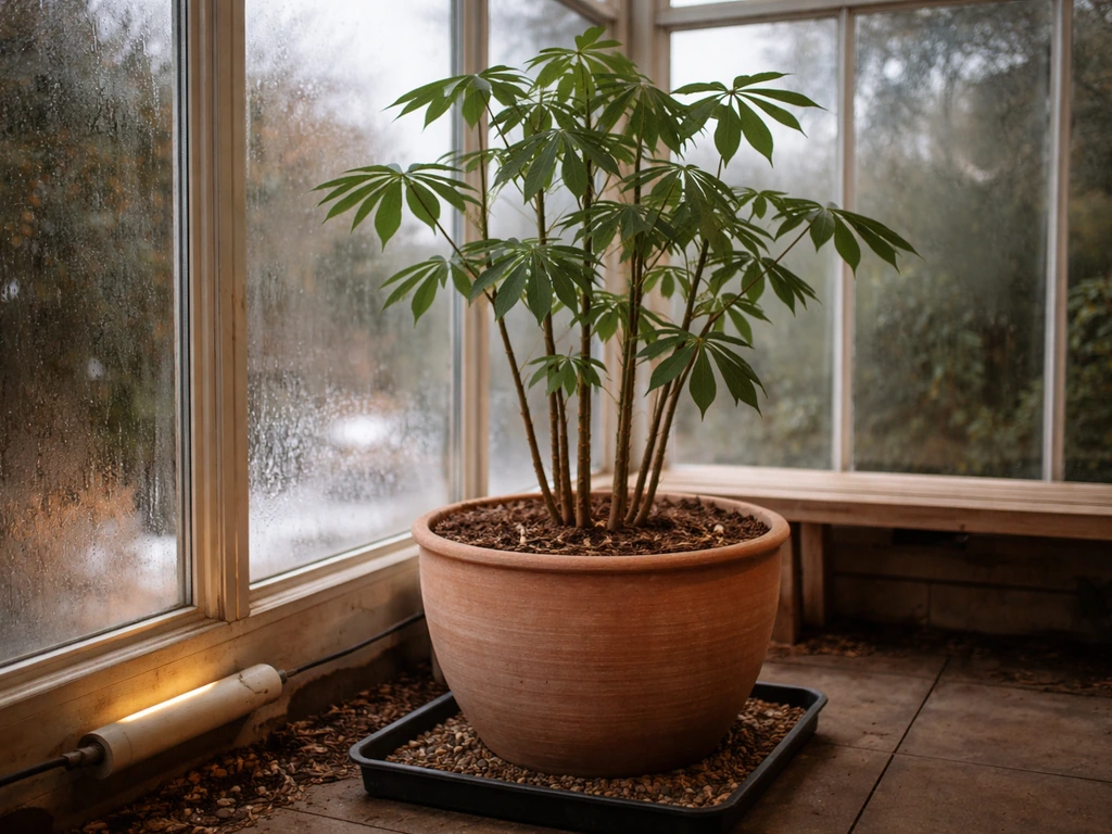 Cassava growing in a large pot inside a warm conservatory greenhouse with frost-protection atmosphere.