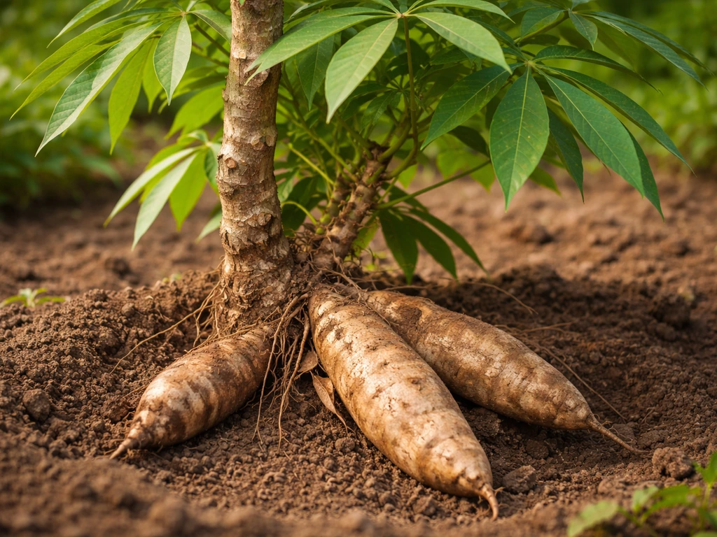 Cassava plant with woody stem and an exposed starchy tuber root in soil.