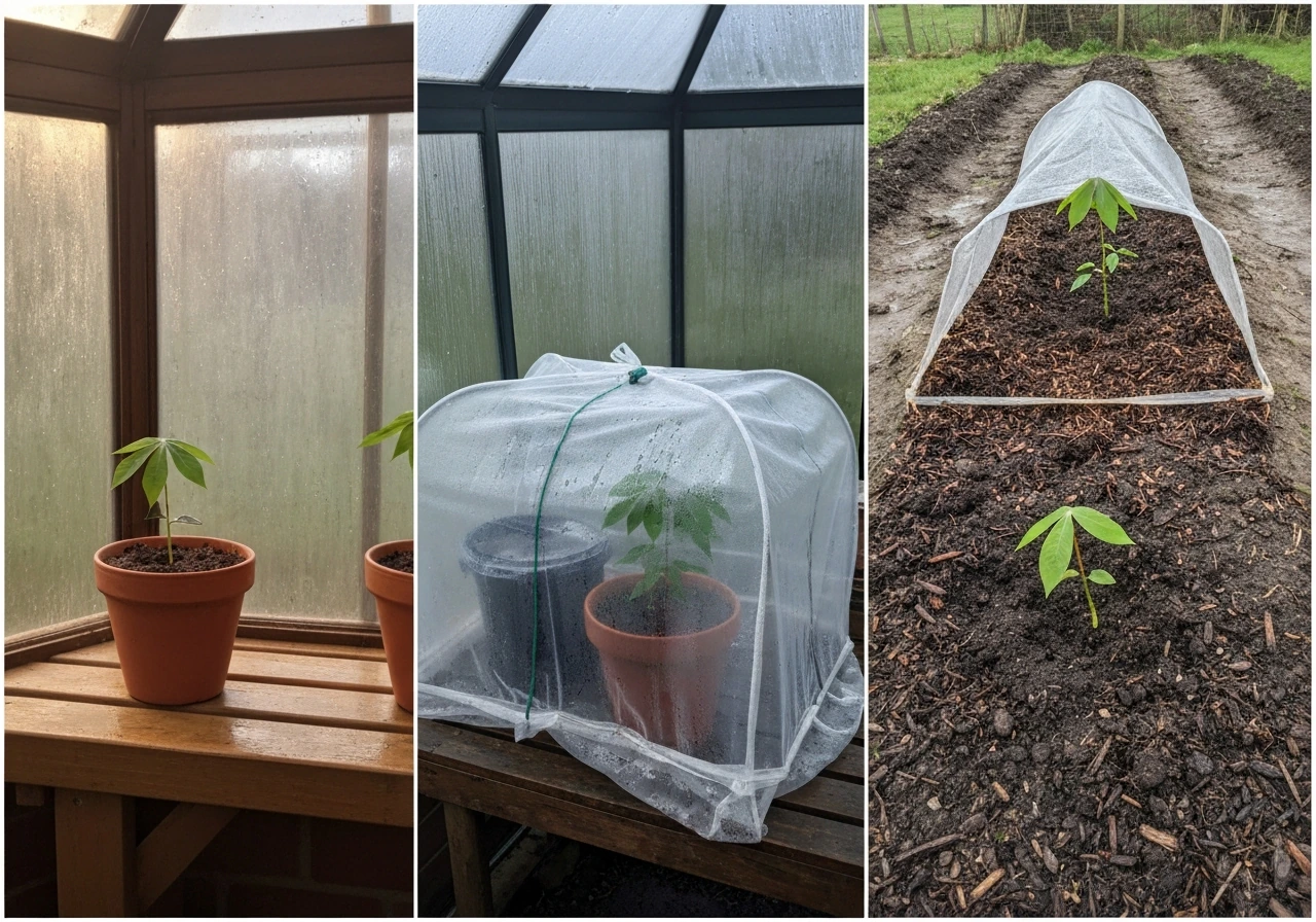 Three simple cassava growing setups: heated greenhouse pot, cold-protected container, and an outdoor bed attempt.