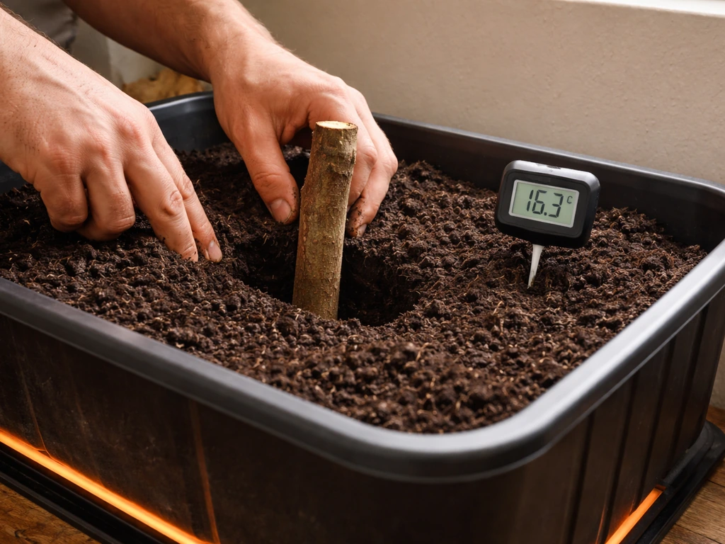 Warm indoor potting setup with a large container, soil thermometer reading about 15°C+, and cassava cutting ready.