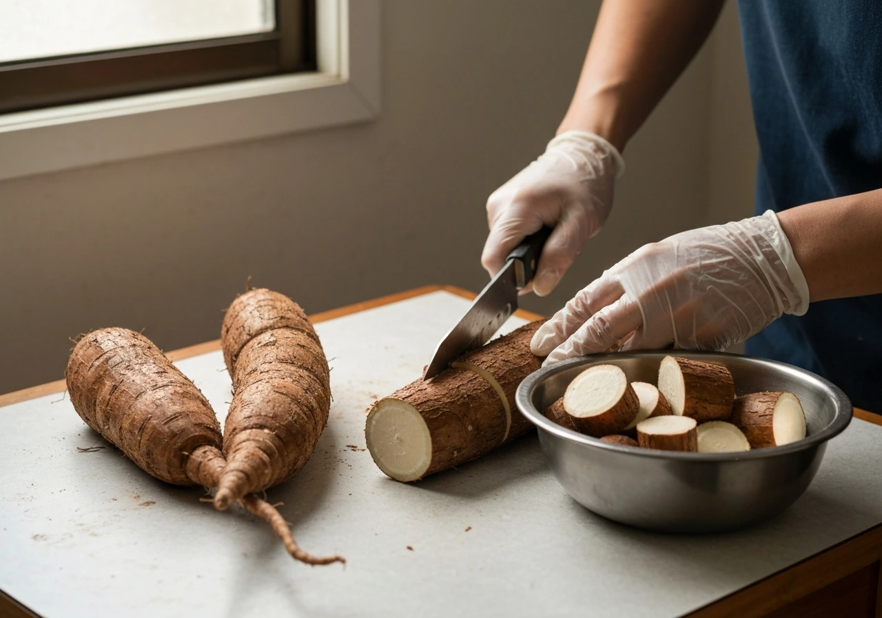 Fresh cassava roots on a table with gloved hands slicing them before cooking