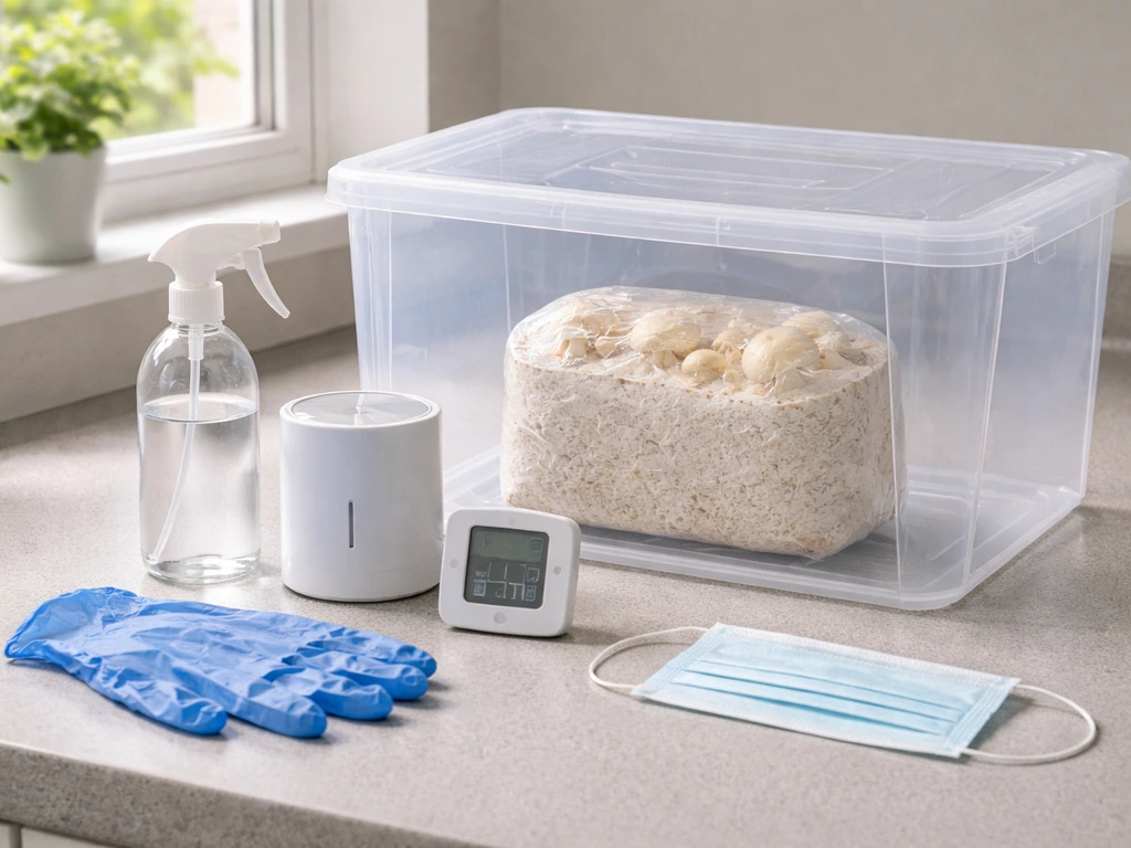Lion’s mane beginner essentials laid out: colonised fruiting block, spray bottle, humidifier, thermometer, tub, gloves