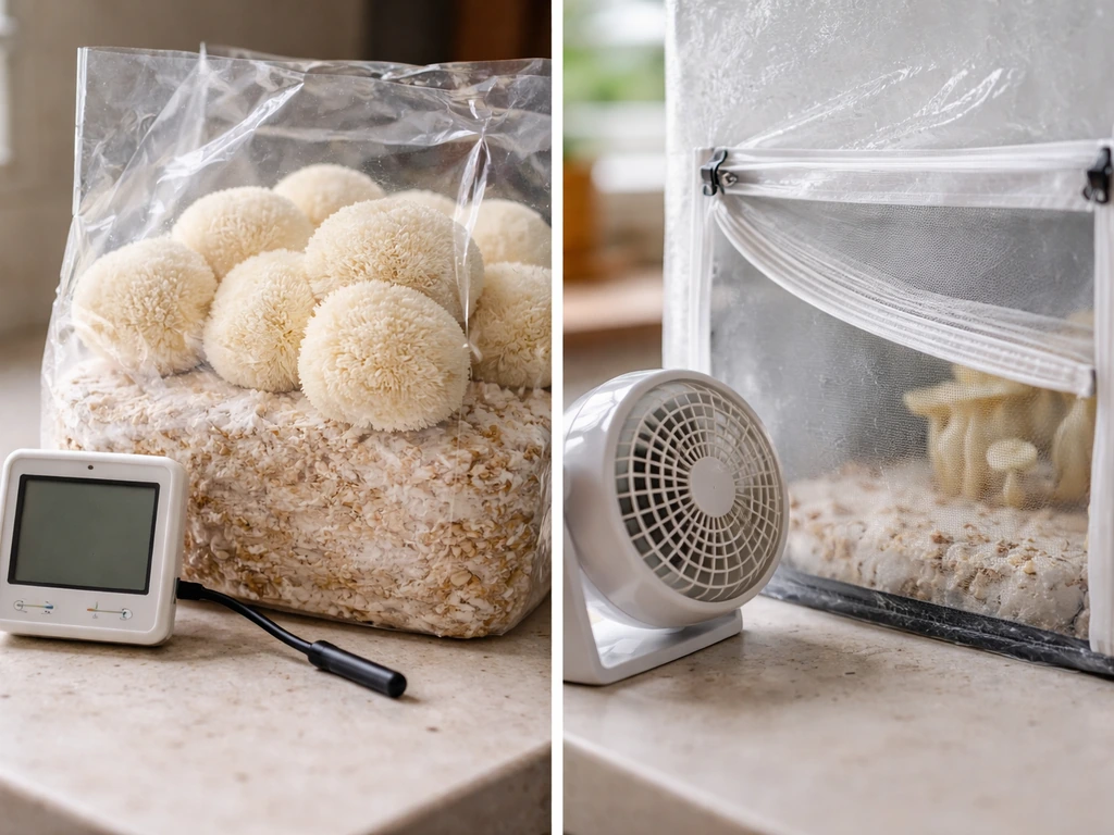 Split close-up of lion’s mane grow setup: sensor near mushrooms and an opened tent vent with airflow.