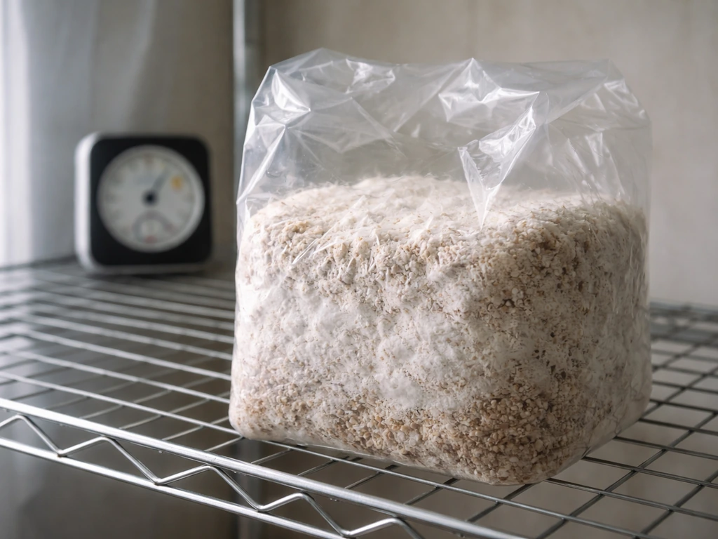 Colonised mushroom block with no pins, with a nearby hygrometer/thermometer blurred to suggest low humidity.