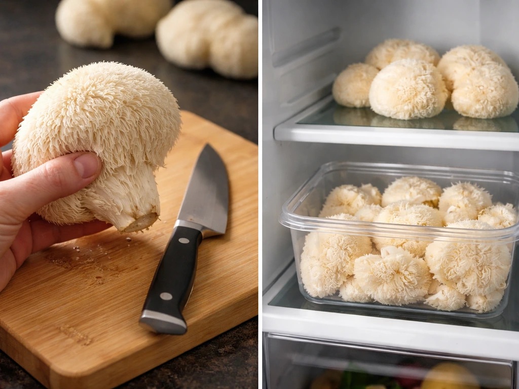 Lion’s mane mushroom being safely twisted off its base, with portions stored in a fridge container