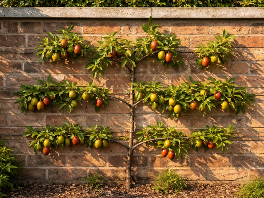 Jujube tree trained on a south-facing wall with green-to-reddish fruit in late summer light