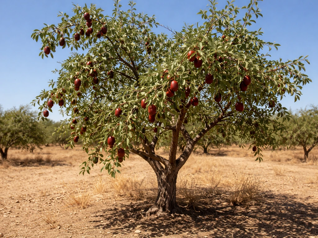 Jujube tree in full sun with ripening fruits in a dry, warm orchard setting.