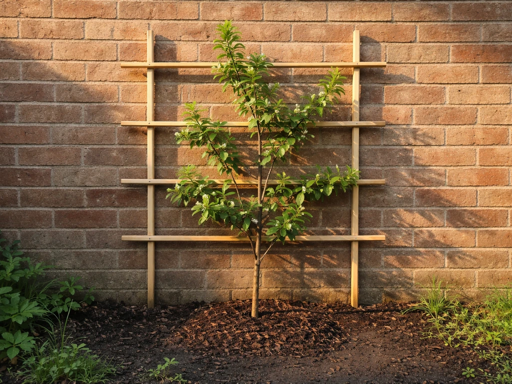 Young jujube tree planted in ground against a south-facing brick wall with a simple trellis training it