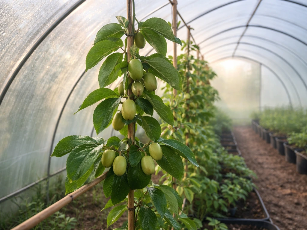 Jujube tree inside a clear polytunnel with bright daylight and sheltered conditions.