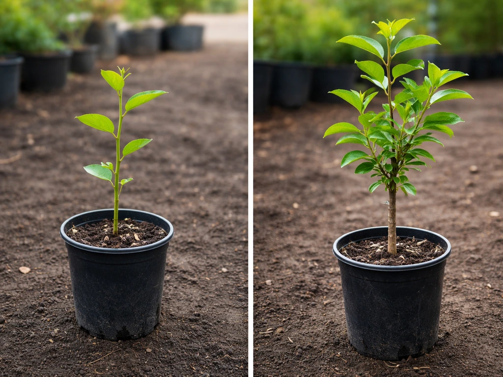 Young jujube seedlings in pots beside a taller grafted jujube sapling in a simple garden setup.