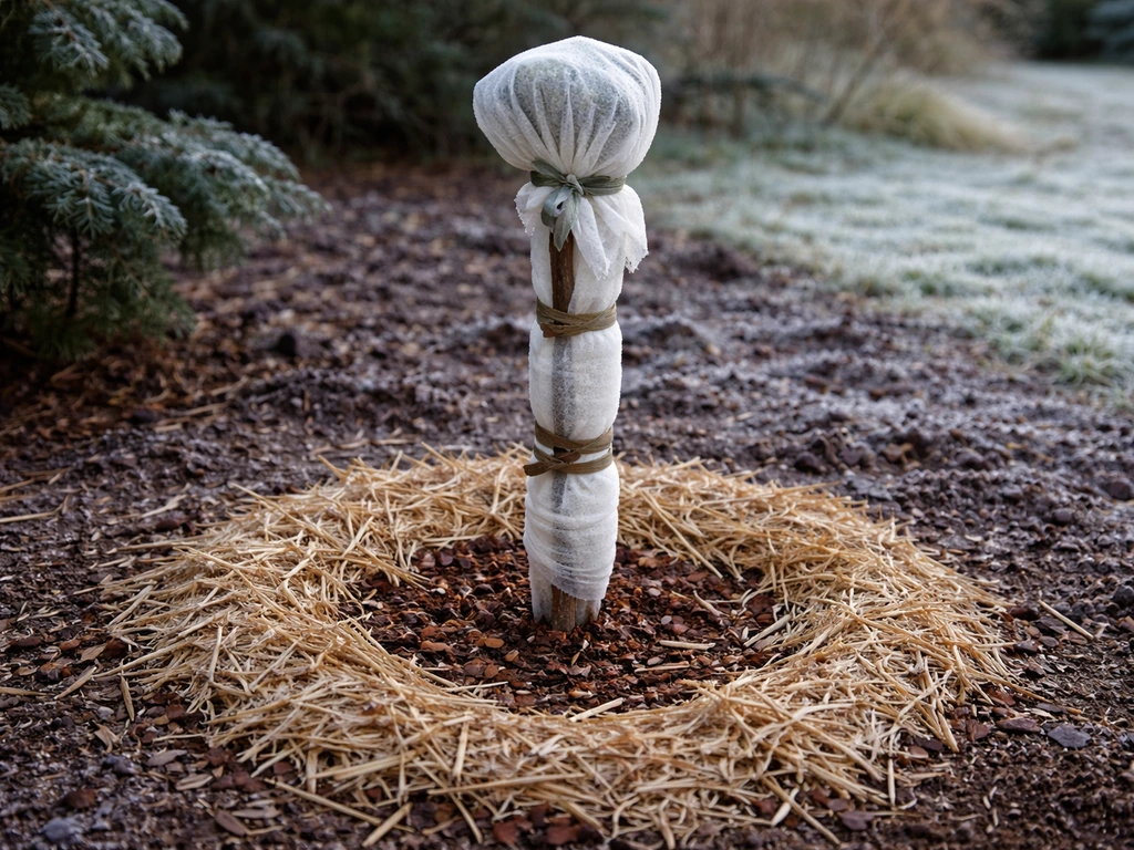 Winter insulation around a young jujube sapling—fleece wrap and mulch protecting it from cold.