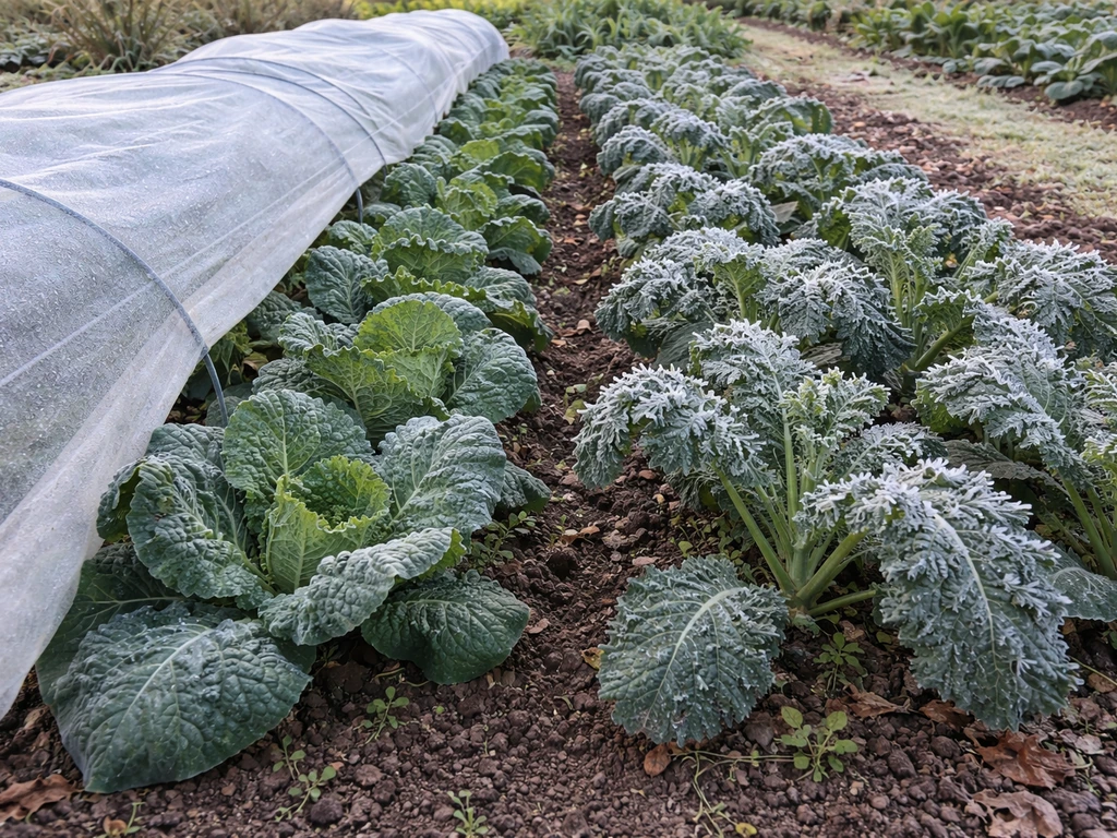 Brassicas with frost protection using row cover beside uncovered plants