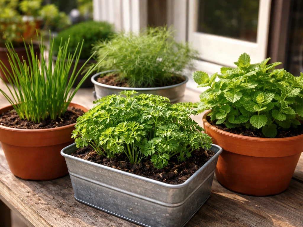 Close-up of chives, parsley, dill, and mint in pots for UK herb growing
