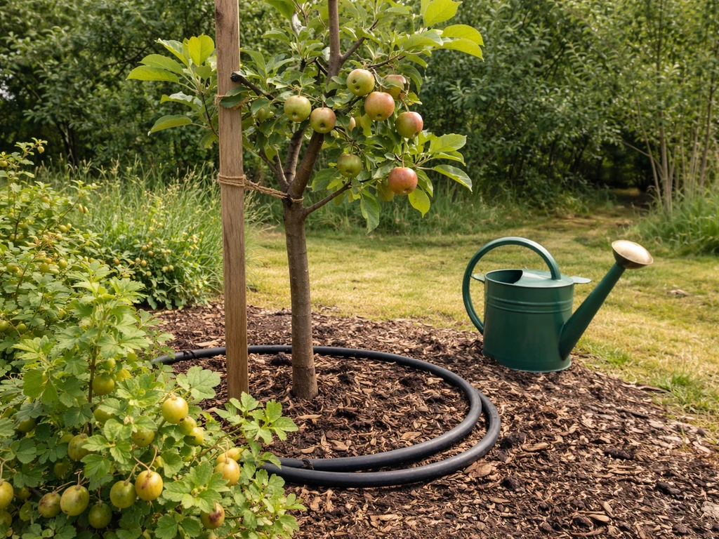 Young apple/pear tree with nearby berry bushes in a UK garden