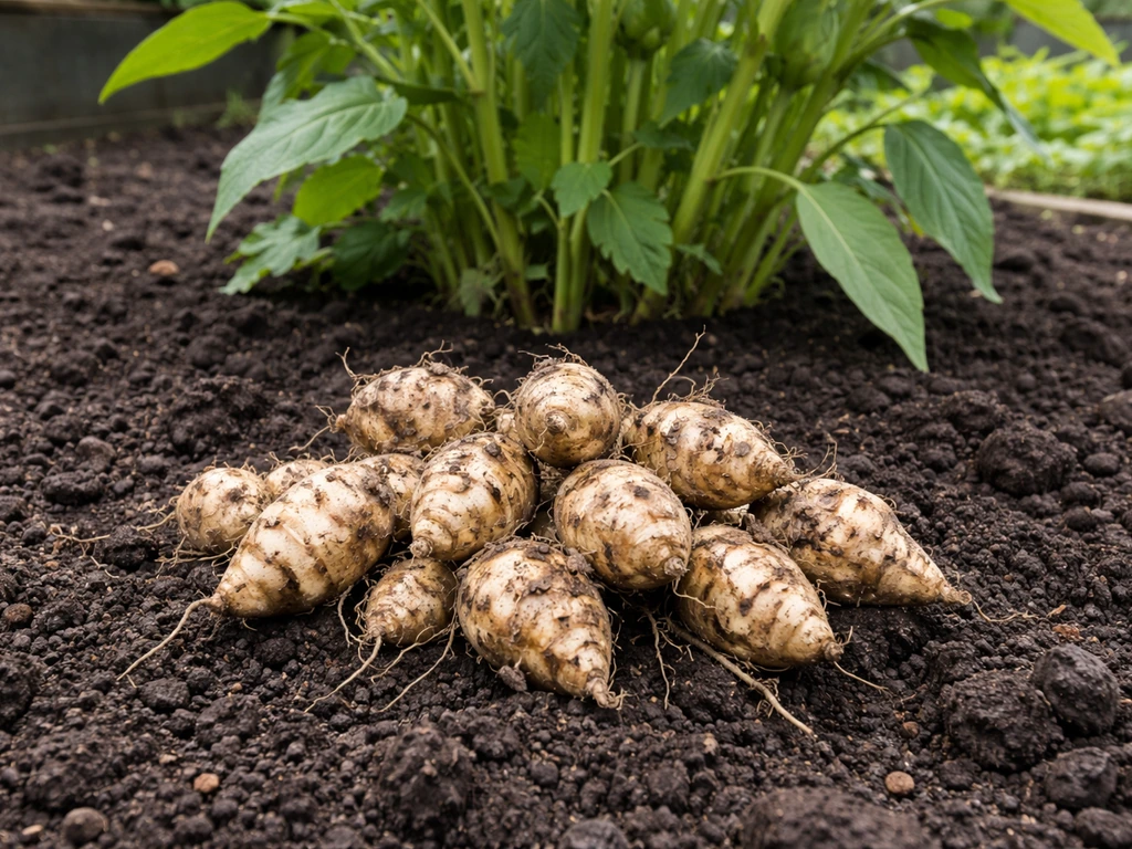 Jerusalem artichoke tubers in a UK garden bed with the living plant in the background.
