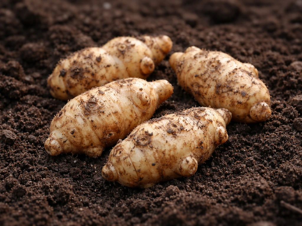 Close-up of knobbly Jerusalem artichoke tubers on dark soil, showing what you plant in spring.
