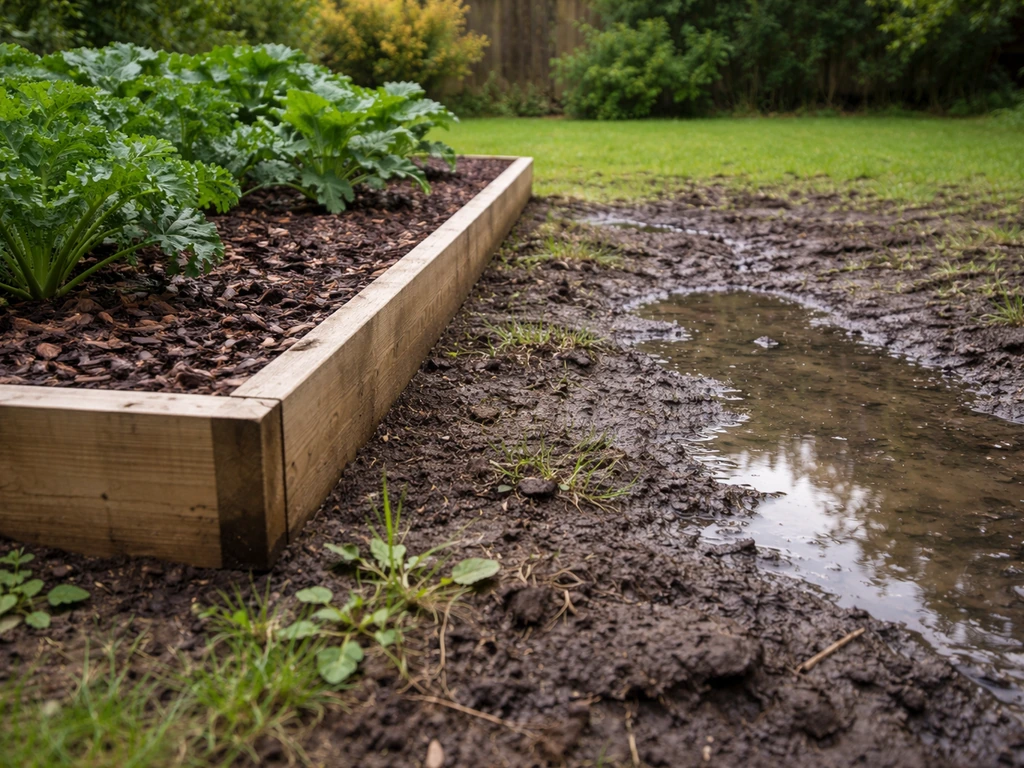 Raised garden bed with mulch beside a waterlogged patch of soil, showing drainage difference in a UK garden.