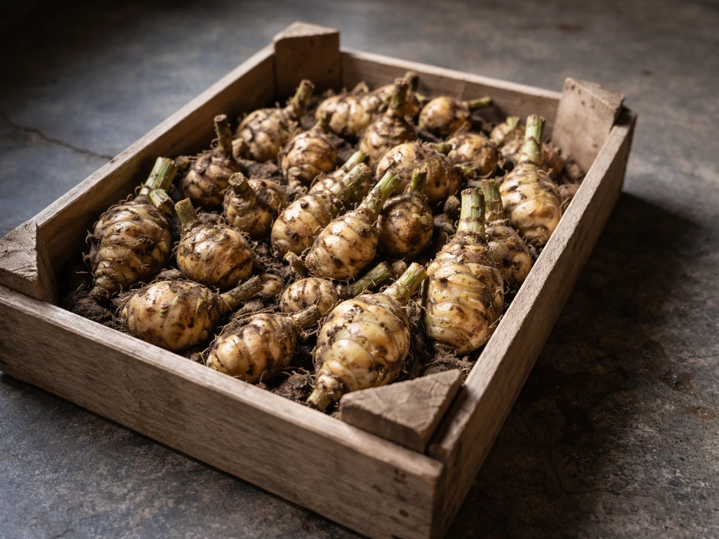Jerusalem artichoke tubers with cut stems in a wooden crate, soil clinging, ready for cool storage.