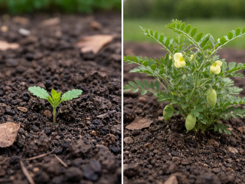 Two close-up frames of chickpea growth in UK soil: seedling emergence and early flowering on the same plant.