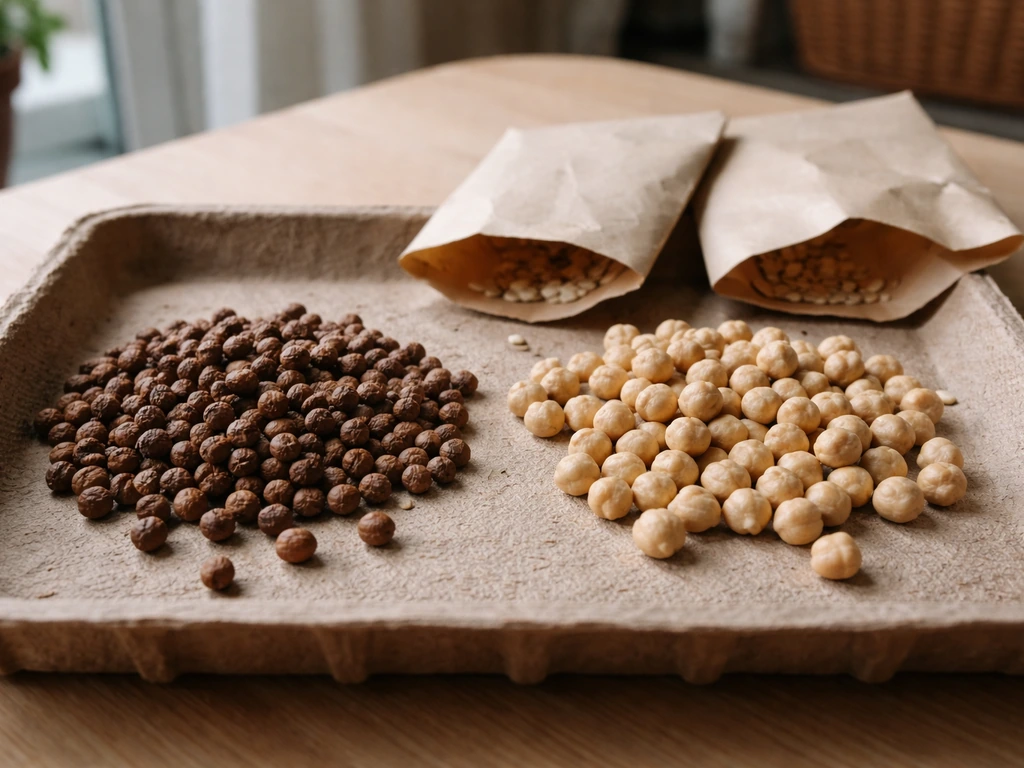 Tray of chickpea seeds with smaller dark Desi and larger cream Kabuli varieties side by side.