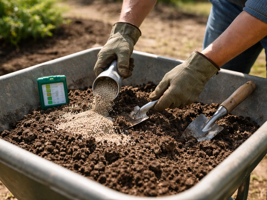 Gardener mixing loamy soil with sand/grit in a wheelbarrow outdoors, with a soil pH test kit nearby.