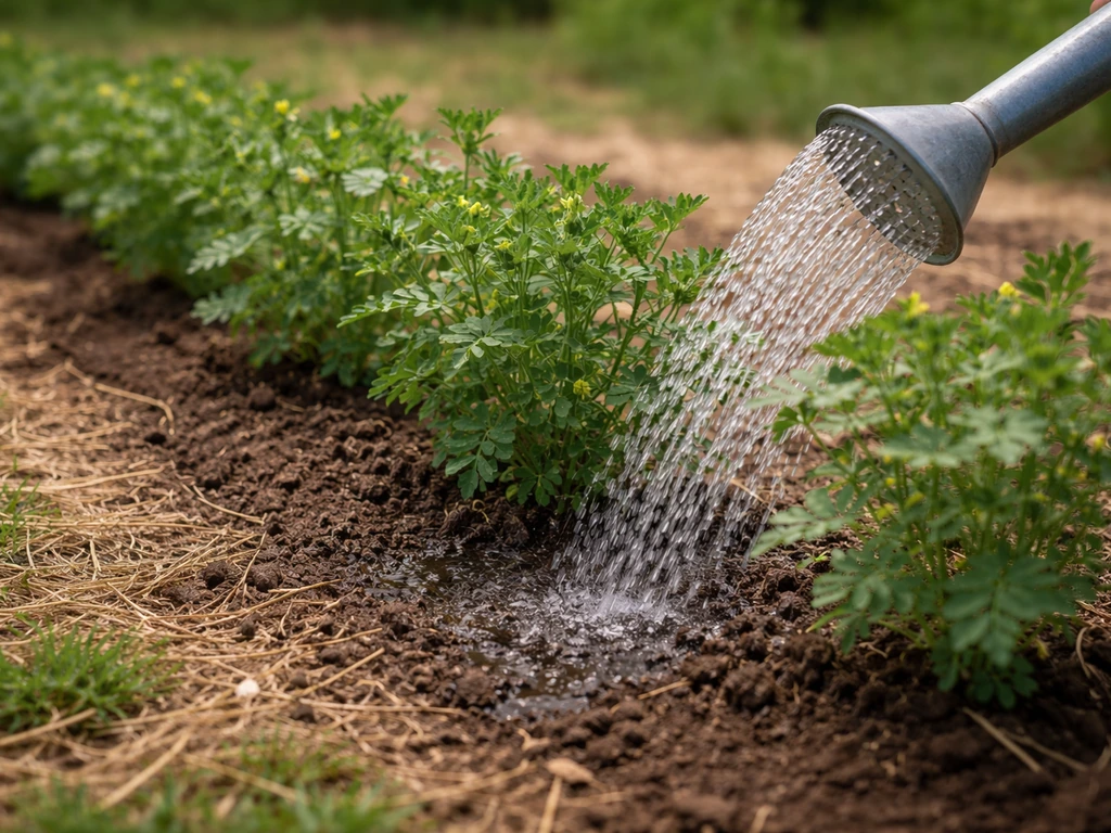 Watering chickpea plants with a watering can, dry soil between waterings, no water pooled around stems.