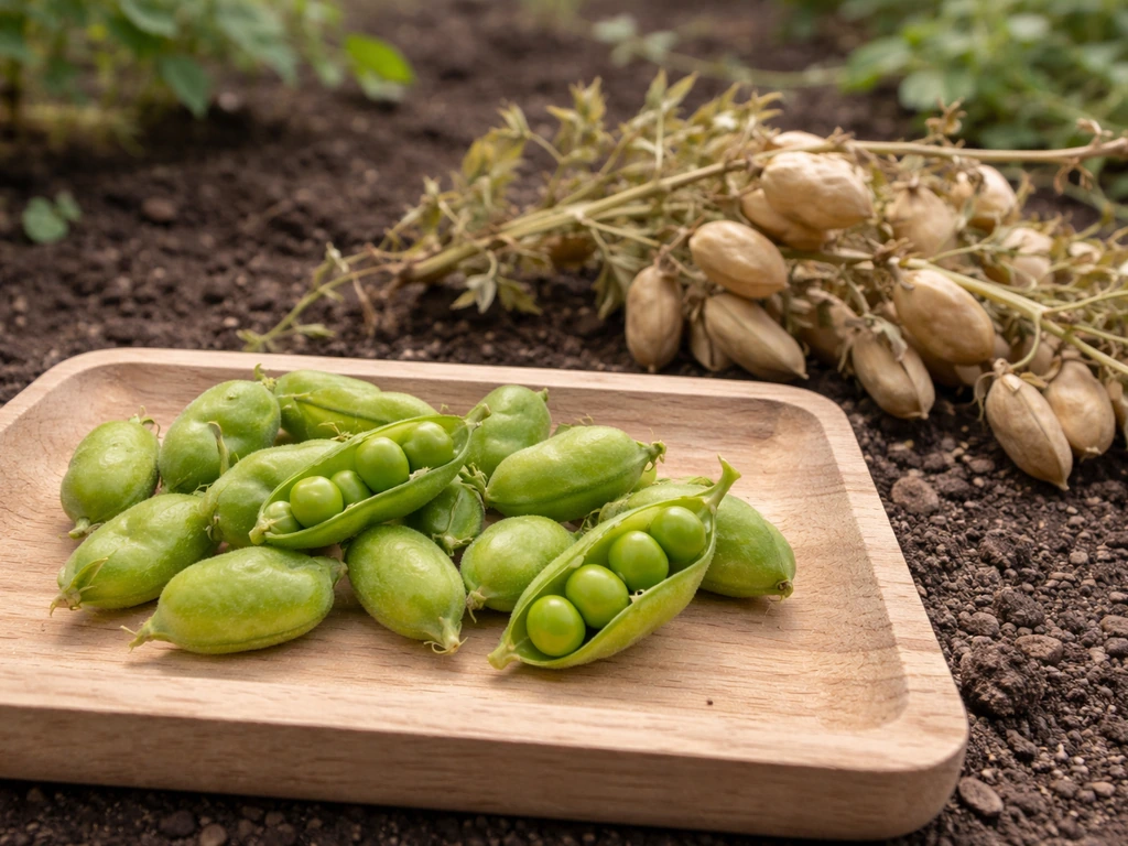 Fresh bright-green chickpea pods on a wooden tray beside papery brown dried pods in soil