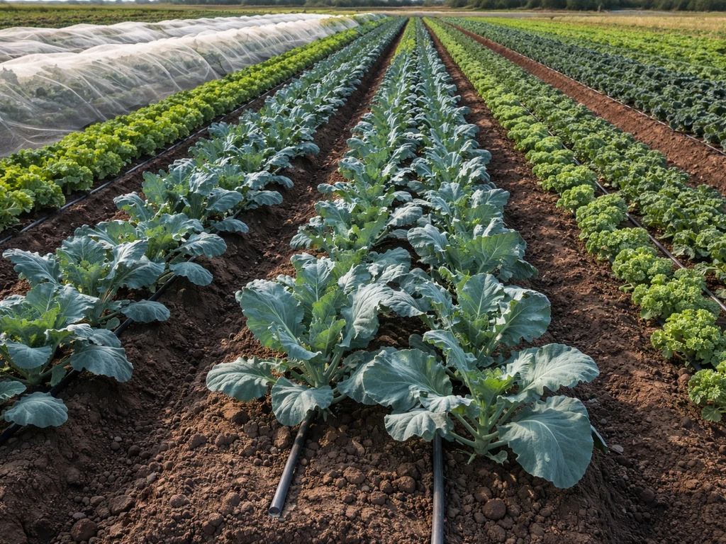 Field-grown vegetables—rows of brassicas/leafy greens