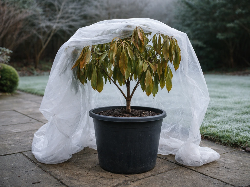 Potted mangrove-like tree on a UK patio with frost cloth wrapped around it and browned leaves