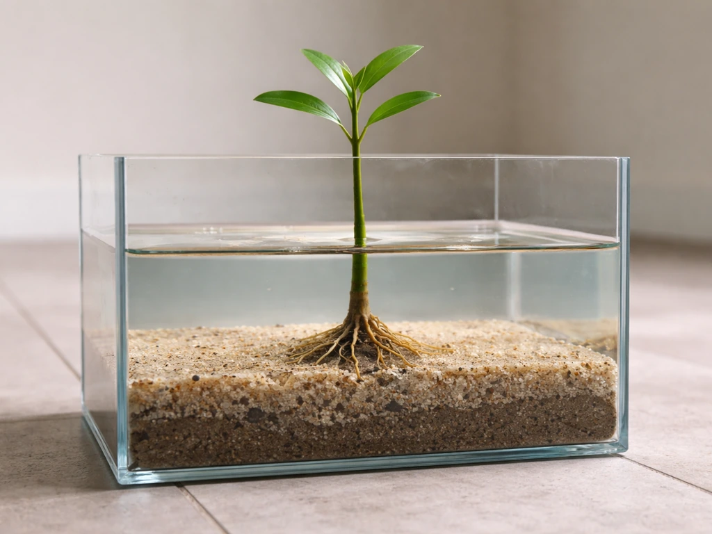 Small aquarium-style basin with sandy substrate and a mangrove planted at the waterline