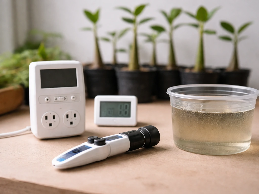 Grow lights timer, thermometer/hygrometer, salinity meter and brackish water sample on a bench.