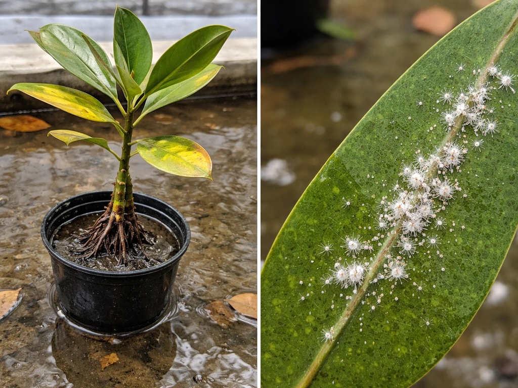 Container mangrove with early root-rot signs in flooded basin and cottony mealybug clusters on a leaf.
