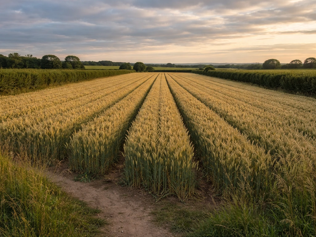 Small UK countryside wheat field with golden rows, hedgerows, and a cloudy sky