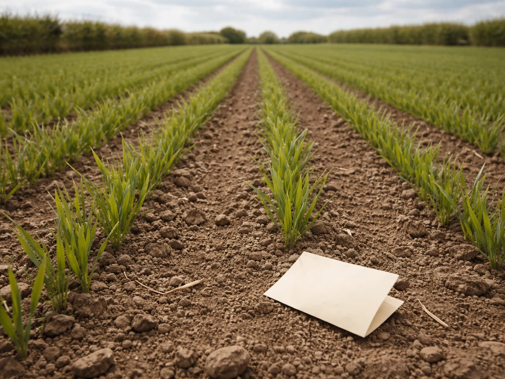Small UK wheat plot in early growth with a blank folded note nearby, suggesting realistic yield expectations.