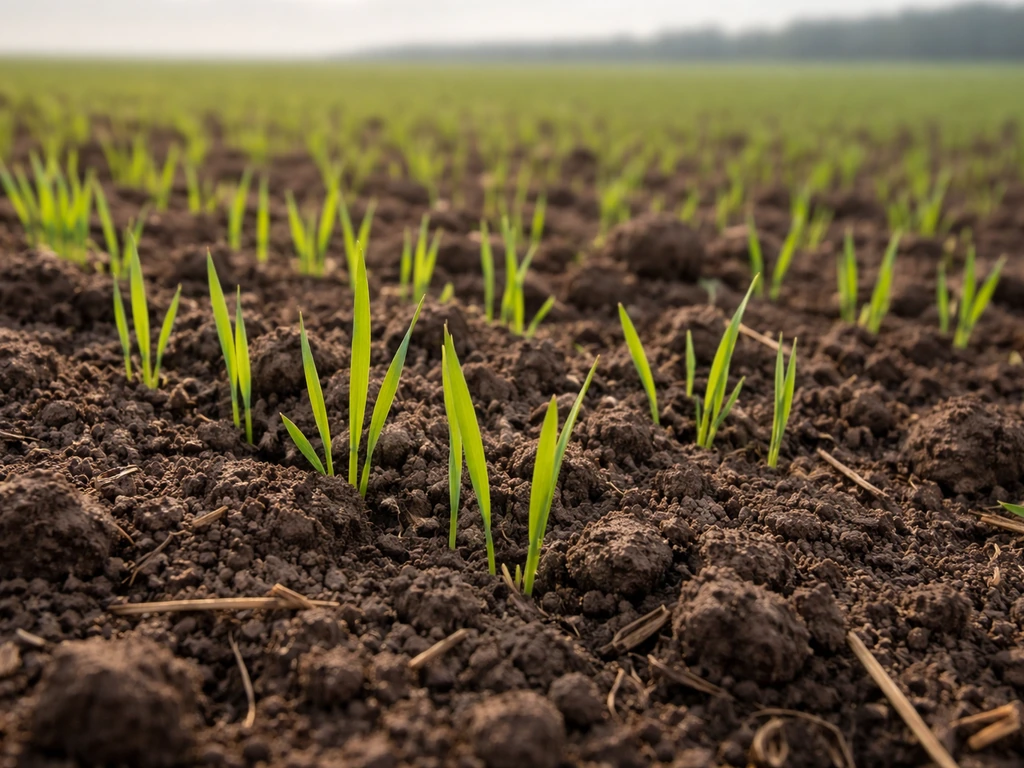 Close-up of young spring wheat shoots emerging from dark soil in early spring light.