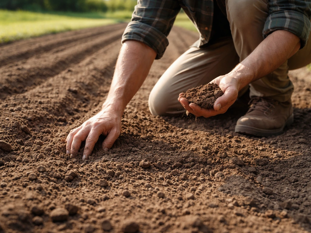 Gardener kneeling in sunlit, crumbly soil and prepping a well-drained wheat plot with a gentle slope in back.