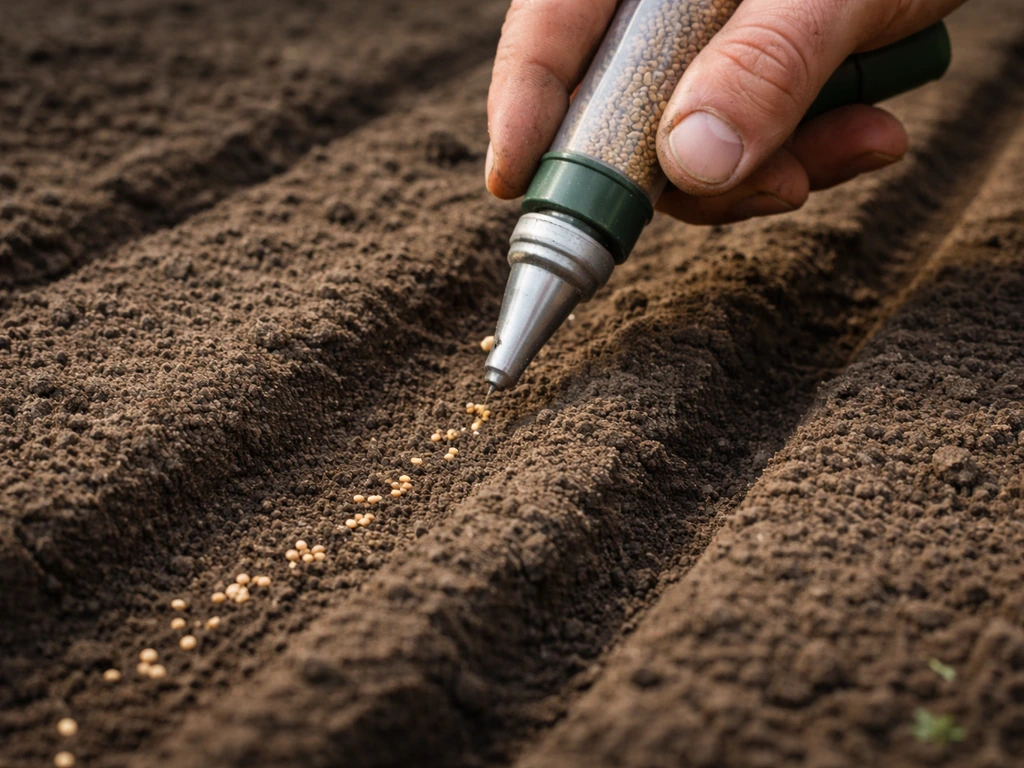 Close-up of a hand seed drill sowing into a crumbly, firm seedbed with shallow, even rows.
