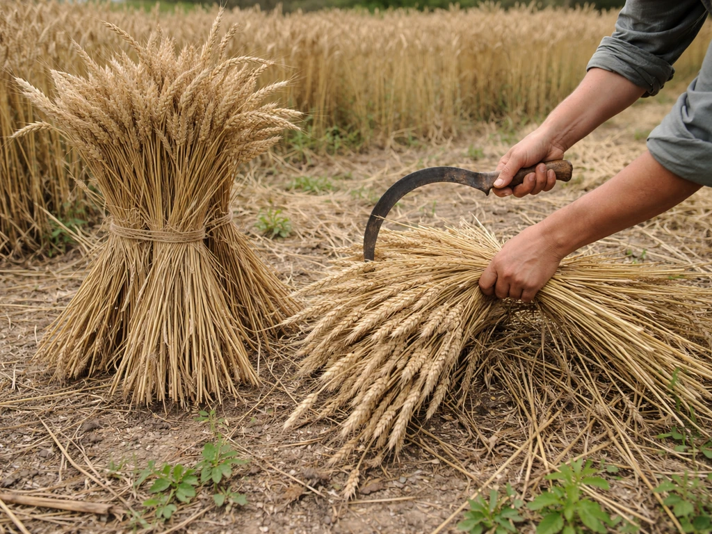 Hand-harvested wheat sheaves on a small plot, grain heads ready for drying