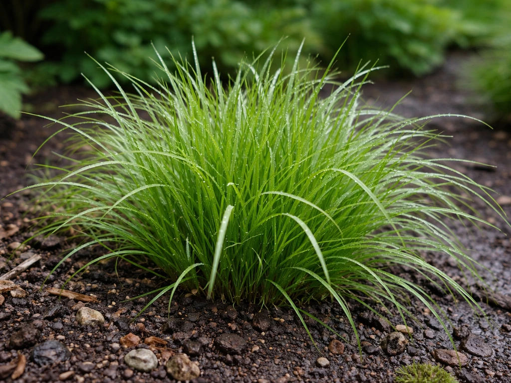 Sweetgrass (Hierochloe odorata) clump with lush blades growing in a cool, damp UK garden bed