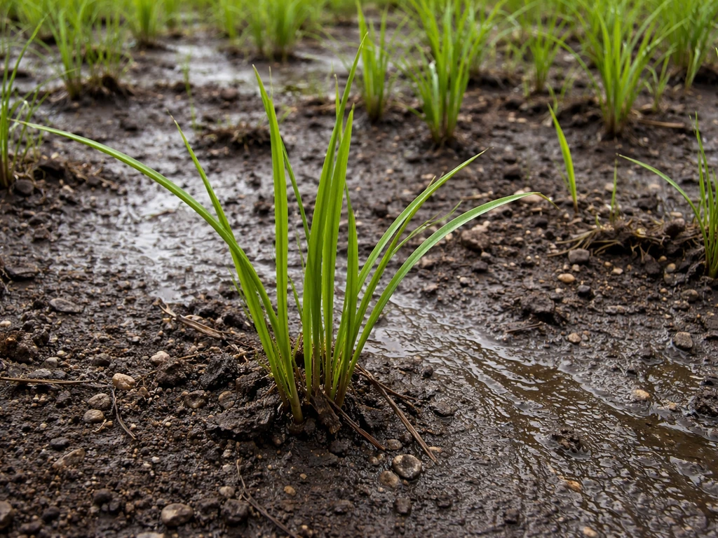 Close-up of moist wet-meadow soil with a few green grass blades, wet but not waterlogged, showing natural texture.
