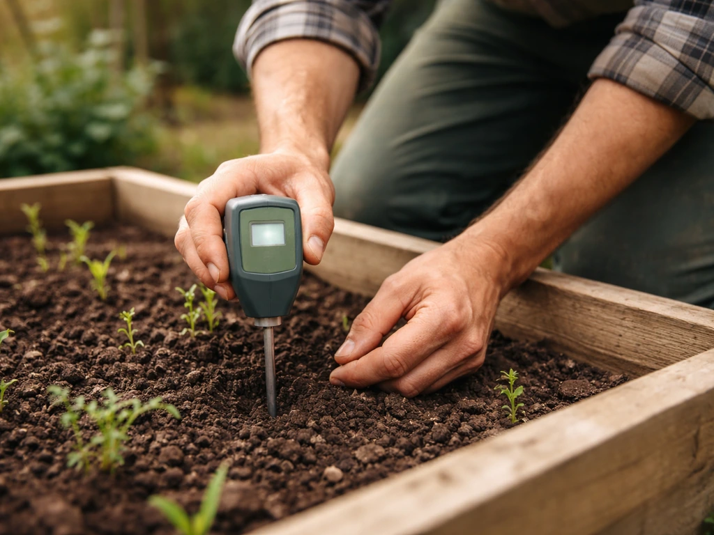 Gardener checking soil pH with a probe in a UK garden bed, tester showing a light indicator