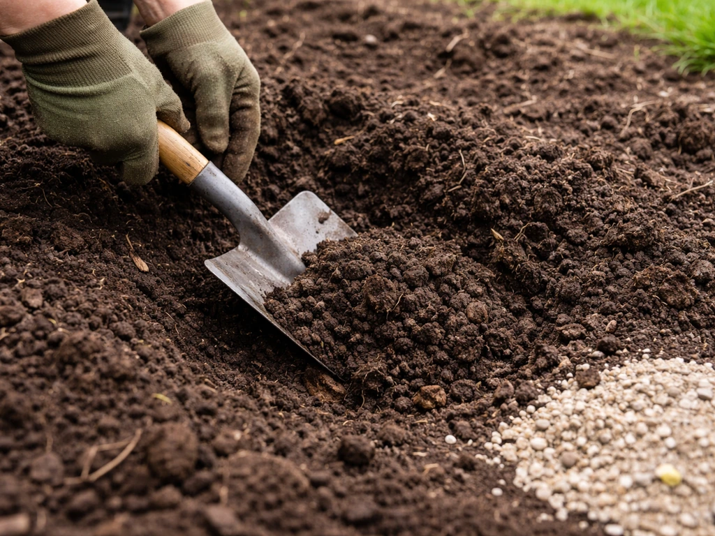 Close-up of digging garden soil, mixing well-rotted compost and grit in a prepared planting bed.