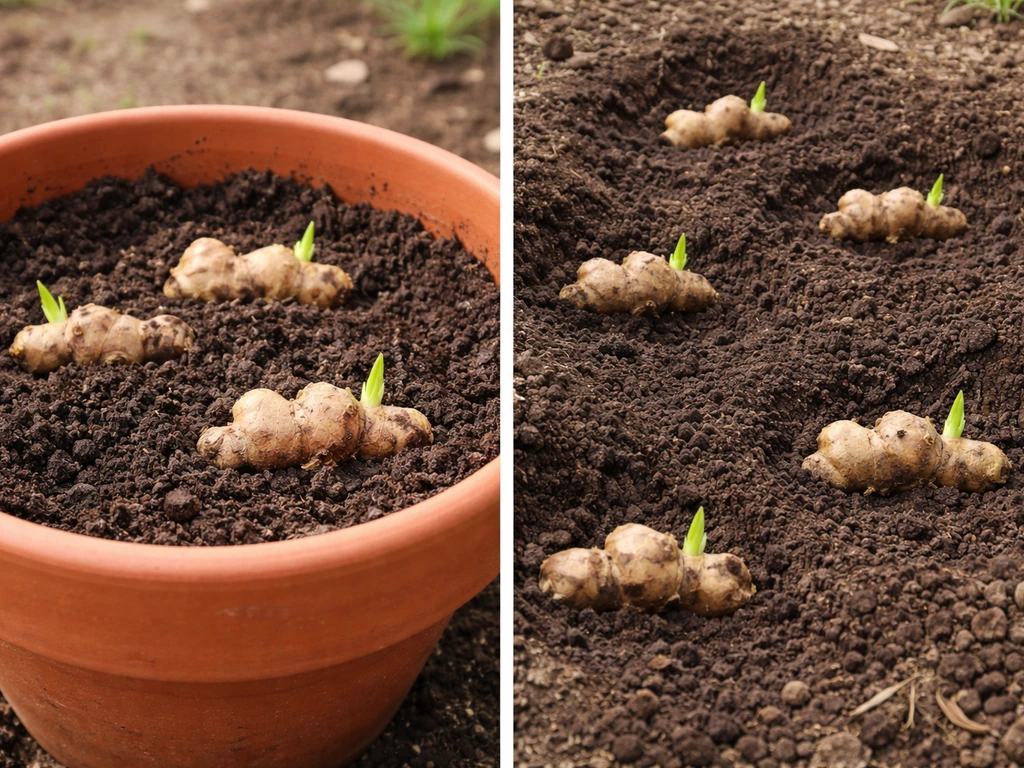 Side-by-side view of ginger rhizomes planted in a pot vs spaced rhizomes in an in-ground bed.
