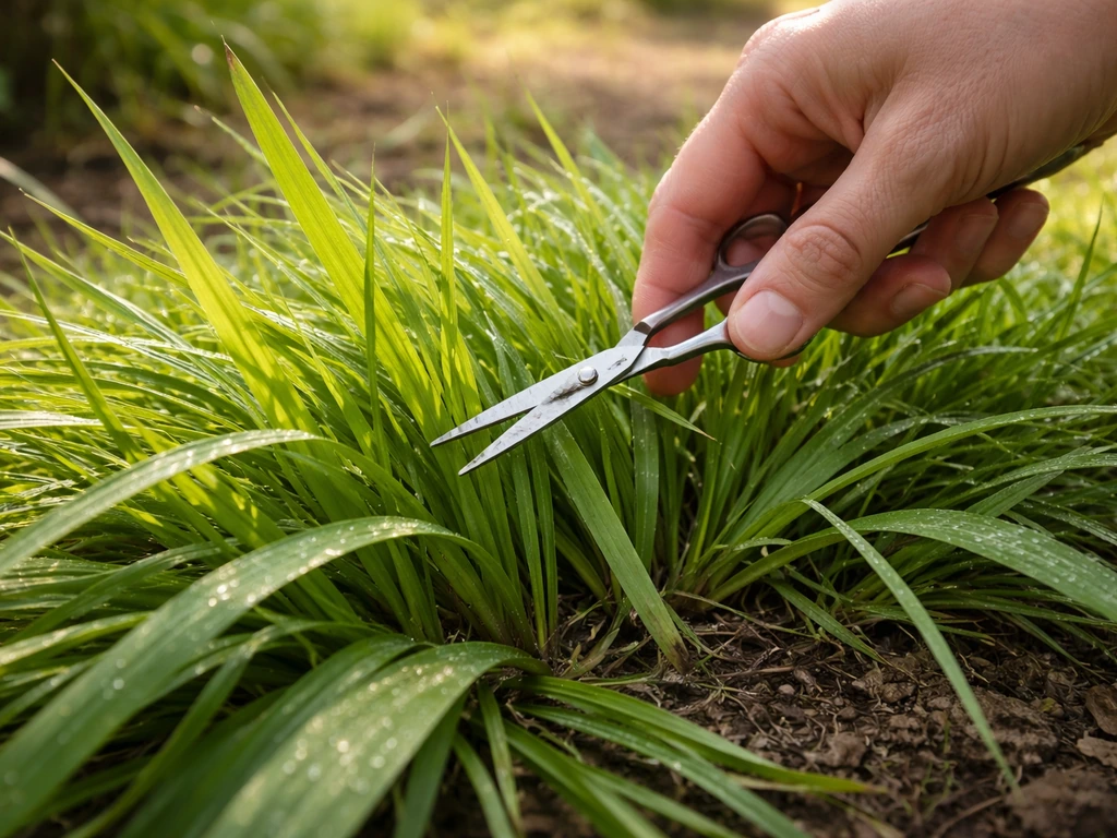 Hand trimming midsummer sweetgrass leaves with small scissors, lush mat and fresh hay aroma feel.