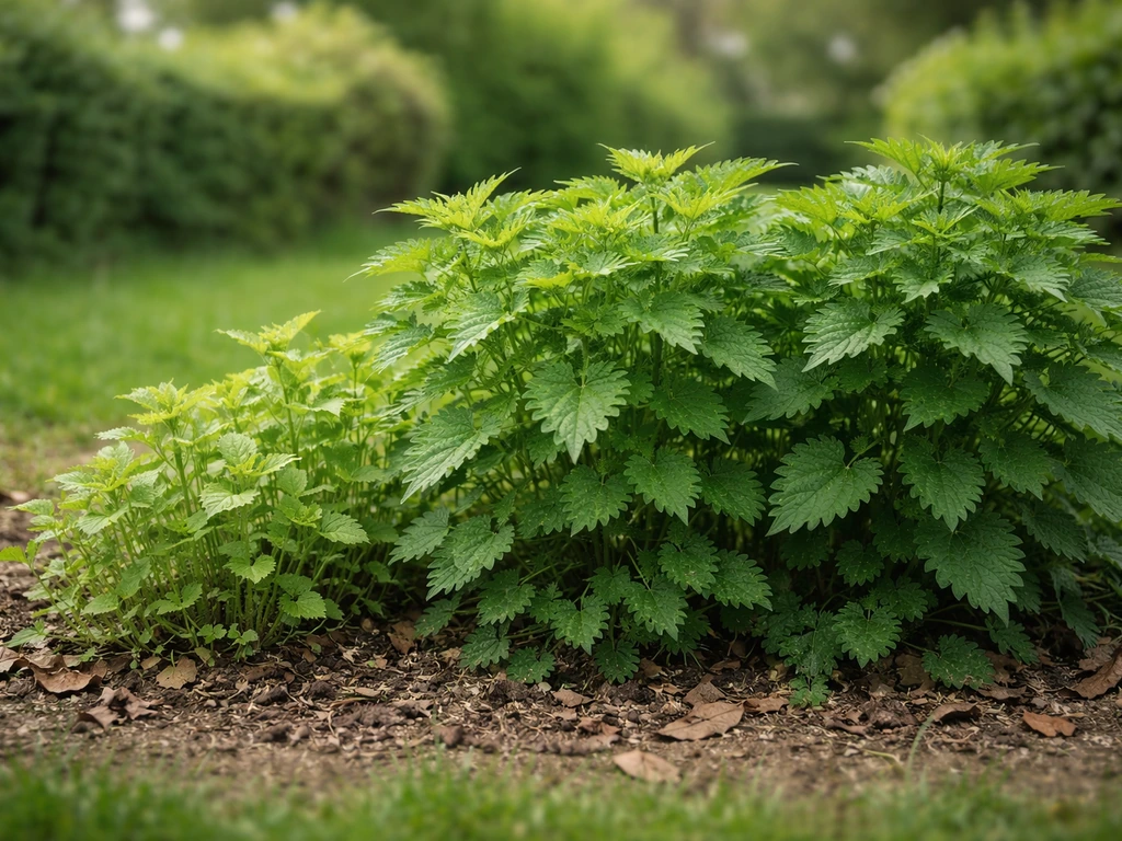 Nettle plant with early spring shoots and later lush growth stages suggested by small seasonal greenery shifts.