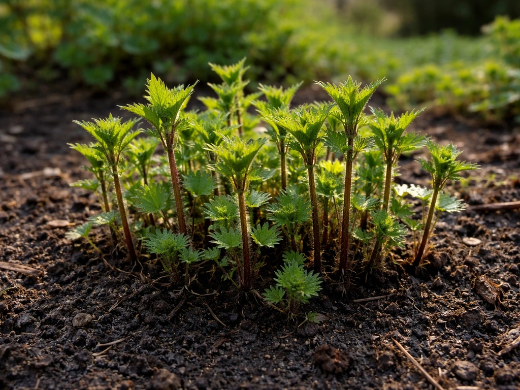 Bright green stinging nettle shoots emerging from soil in early March sunlight